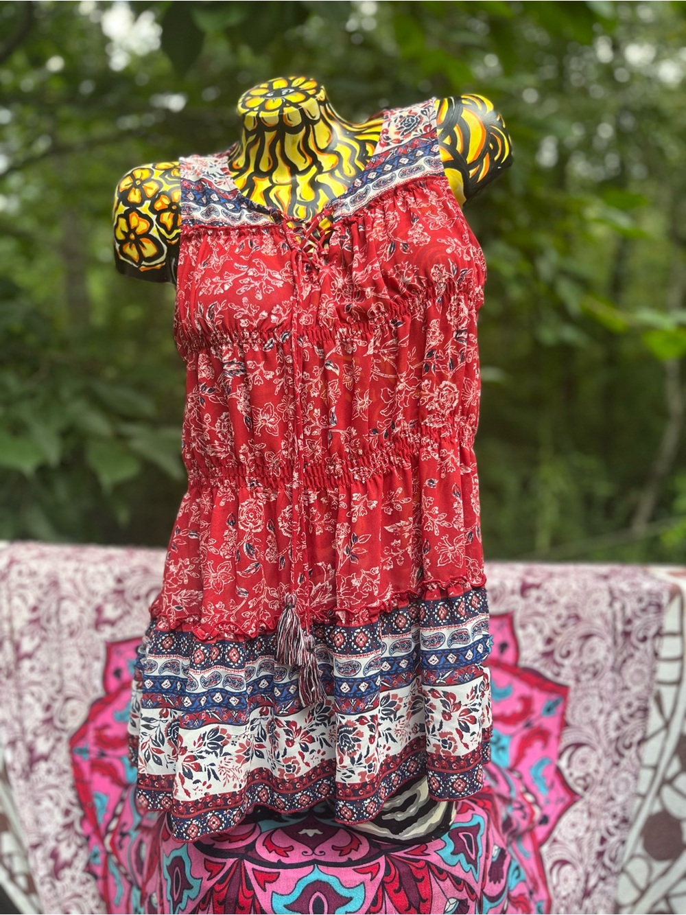 Knox Rose Red Floral Tiered Boho Tunic with Blue-White Border